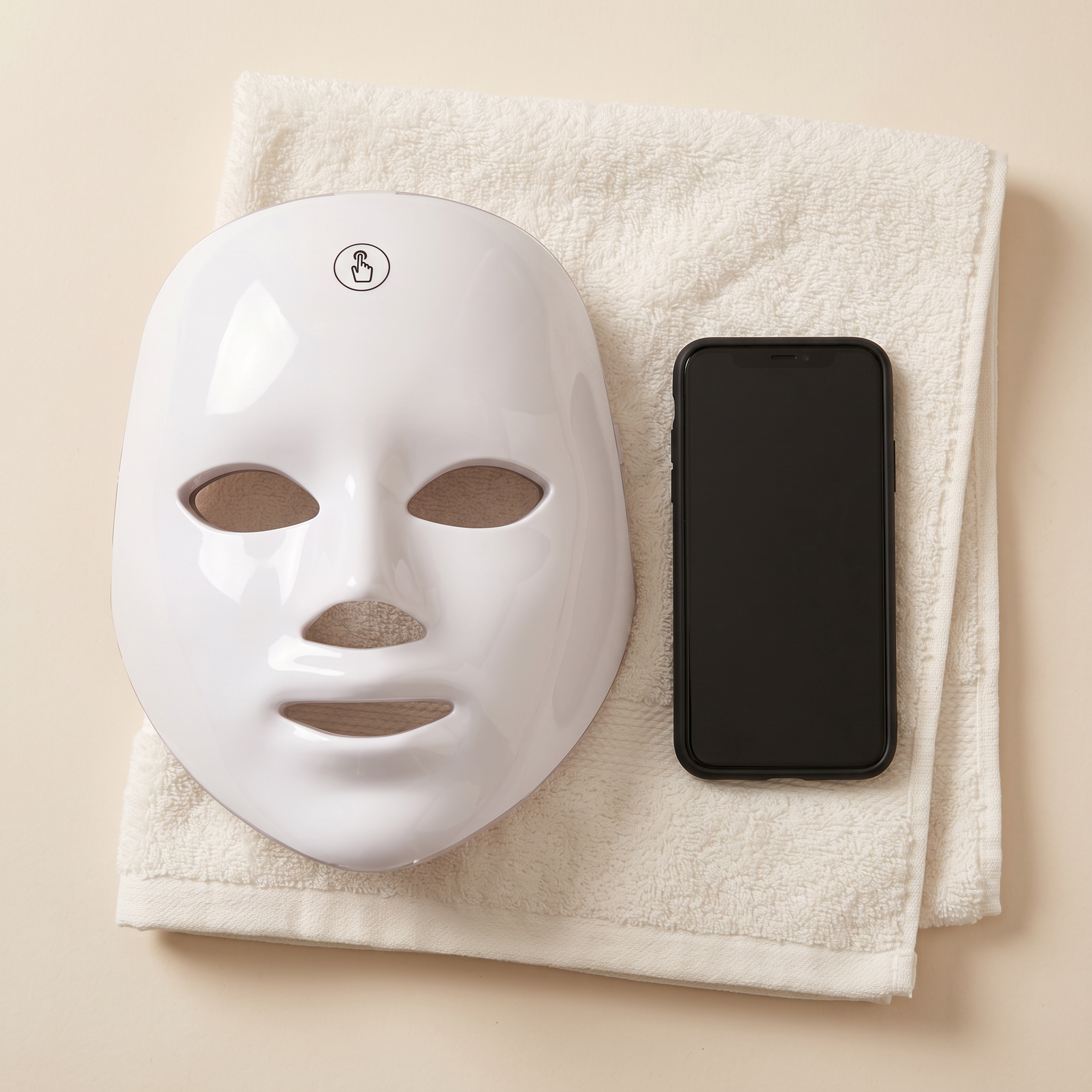 The mask beside a phone on a folded towel, shown for size